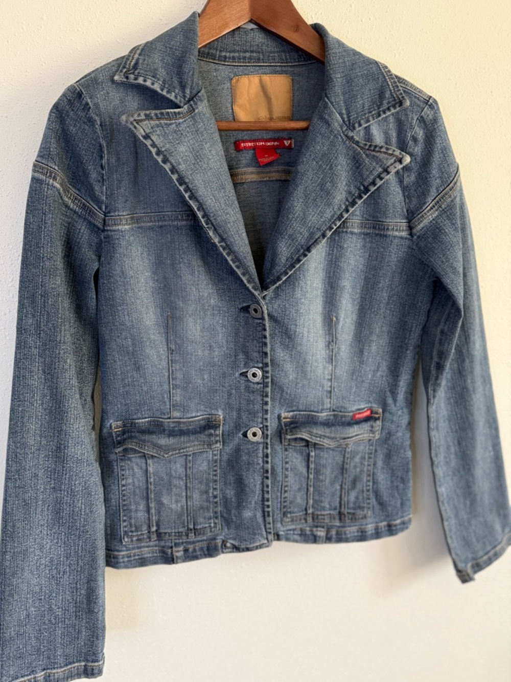 GUESS Denim Jacket Cropped Stretch Y2K Blue Jean Jacket Women M - Picture 6 of 9